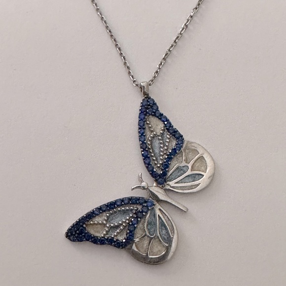 Jewelry - 925 Silver butterfly necklace blue cz stones and blue white handmade enamel